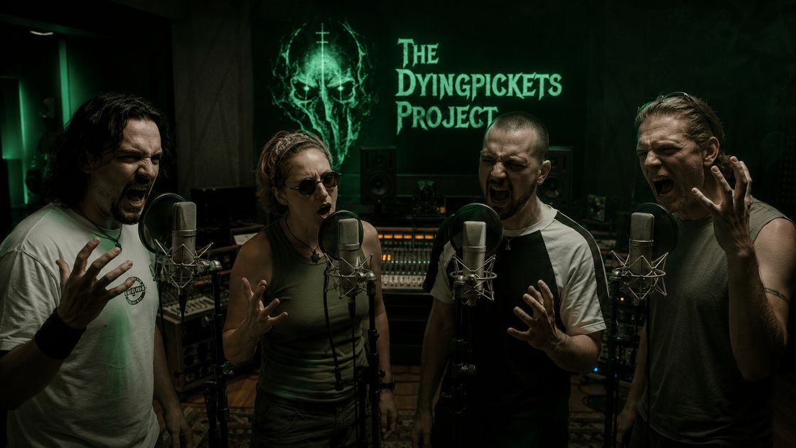 The Dyingpickets Project recording in the studio: four singers around a condenser microphone, lit only by green light